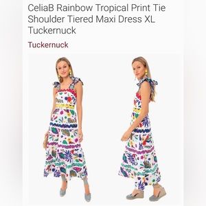 CeliaB Rainbow Tropical Print Tie-Shoulder Tiered Maxi Dress - White Multi